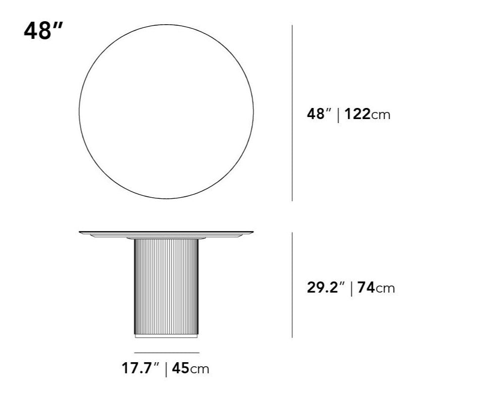 Athena Round Dining Table - Travertine Ceramic Top, Alabaster Matte Lacquer Base, 48in | 122cm