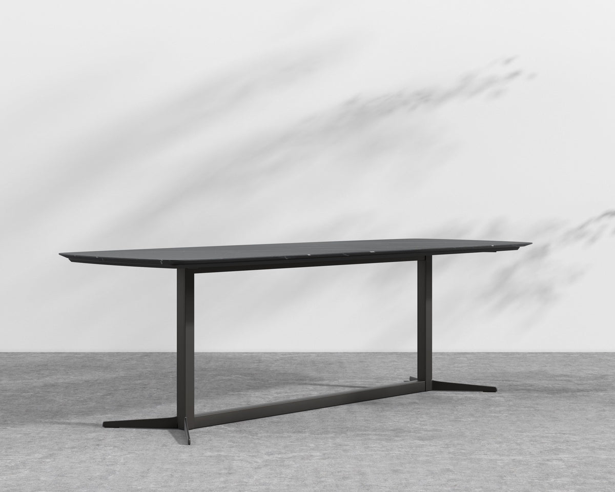 Elaine Dining Table - Black Pietra Ceramic with Tempered Glass, Black Base, 95"