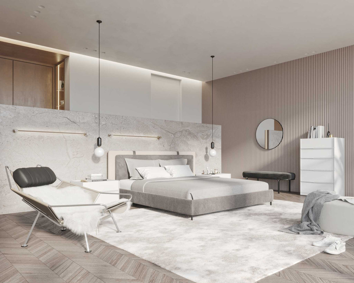 Abigail Bed - Modern Felt: Alesund, PU Leather: Monaco White, Queen