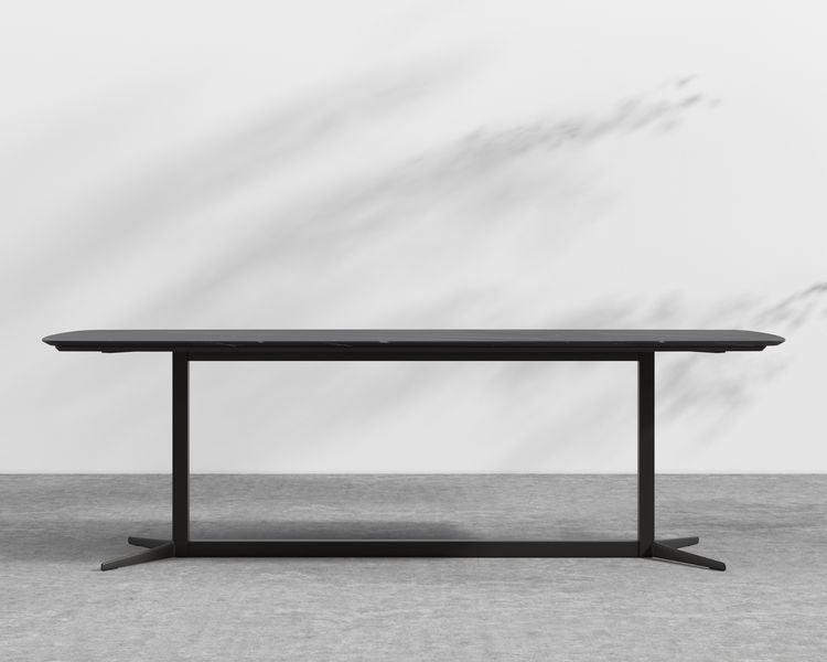 Elaine Dining Table - Black Pietra Ceramic with Tempered Glass, Black Base, 95"