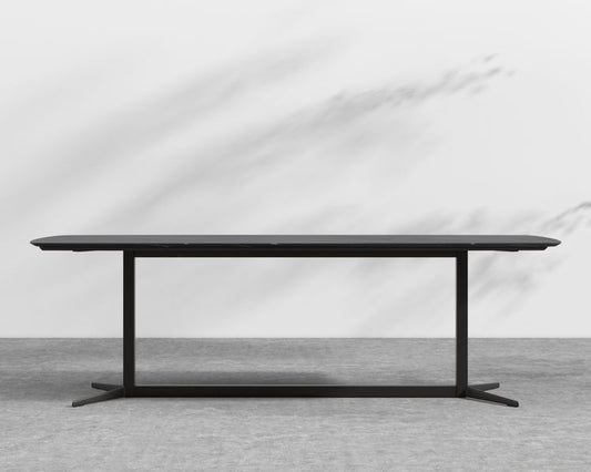 Elaine Dining Table - Black Pietra Ceramic with Tempered Glass, Black Base, 95"