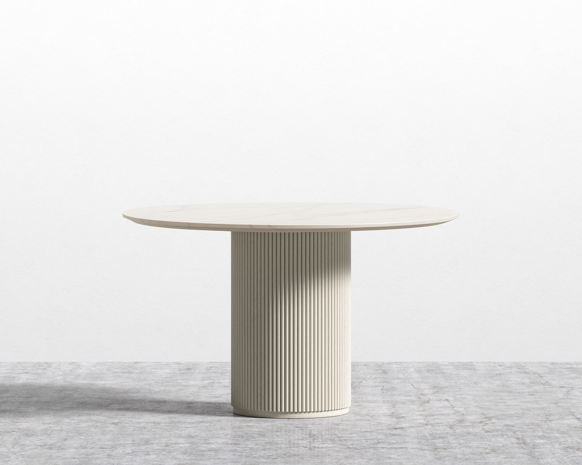 Athena Round Dining Table - White Calacatta Ceramic, Alabaster Matte Lacquer Base, 48"