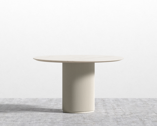Athena Round Dining Table - White Calacatta Ceramic, Alabaster Matte Lacquer Base, 48"
