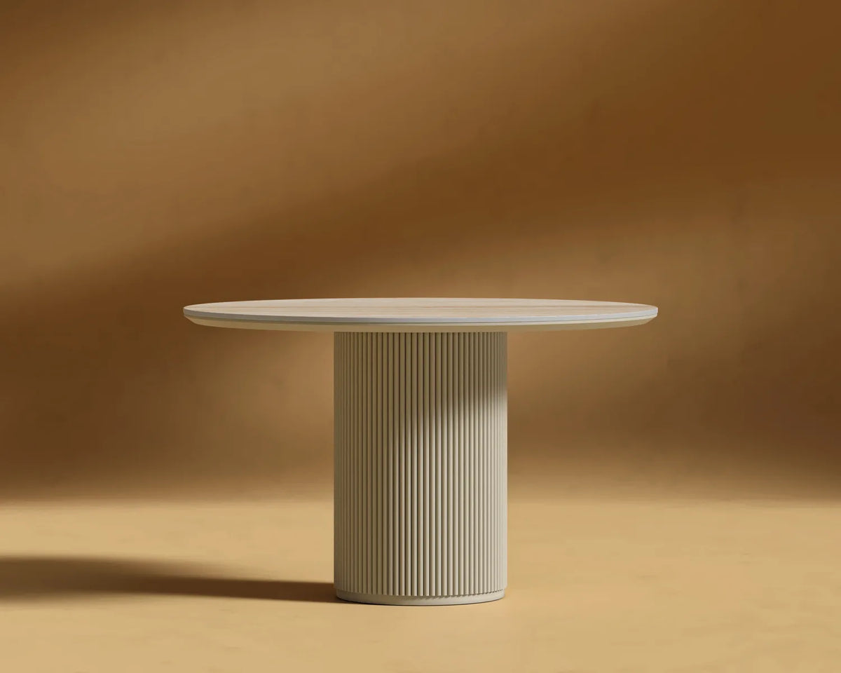 Athena Round Dining Table - Travertine Ceramic Top, Alabaster Matte Lacquer Base, 48in | 122cm