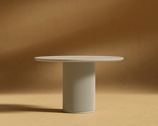 Athena Round Dining Table - Travertine Ceramic Top, Alabaster Matte Lacquer Base, 48in | 122cm
