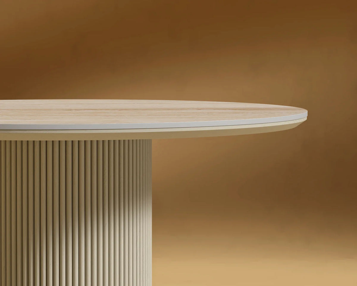 Athena Round Dining Table - Travertine Ceramic Top, Alabaster Matte Lacquer Base, 48in | 122cm
