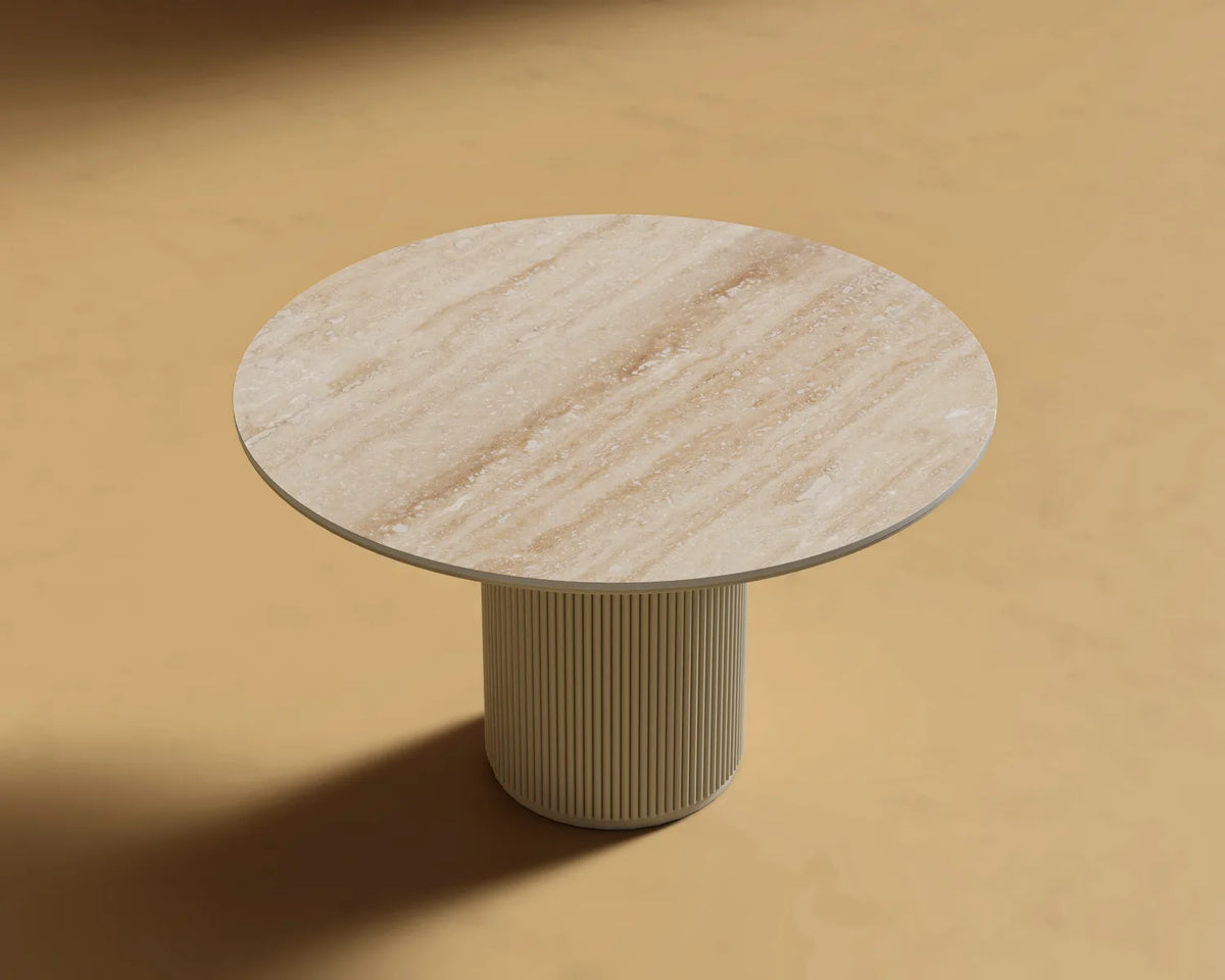 Athena Round Dining Table - Travertine Ceramic Top, Alabaster Matte Lacquer Base, 48in | 122cm