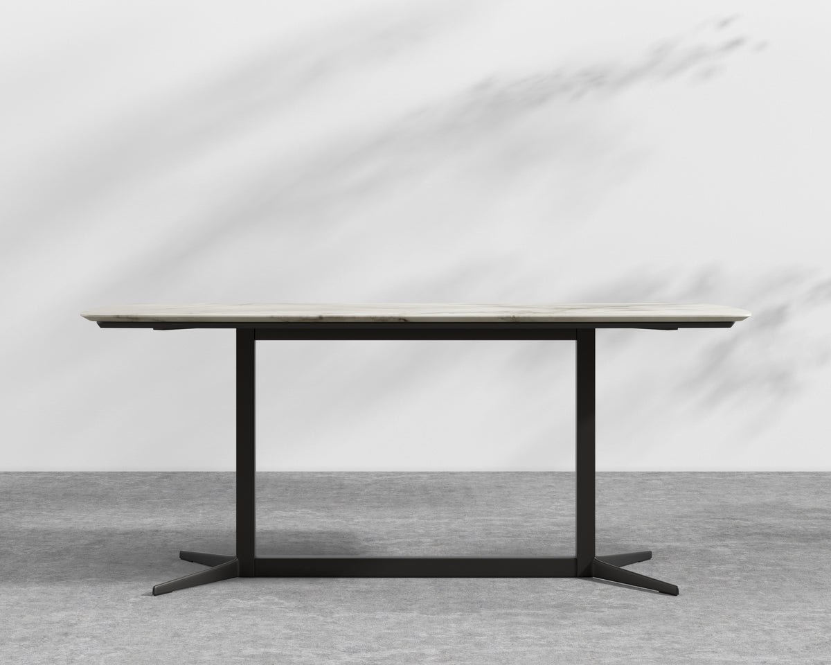 Elaine Dining Table - White Calacatta Ceramic with Tempered Glass, Black Base, 71"