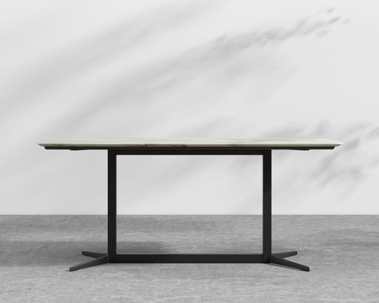 Elaine Dining Table - White Calacatta Ceramic with Tempered Glass, Black Base, 71"