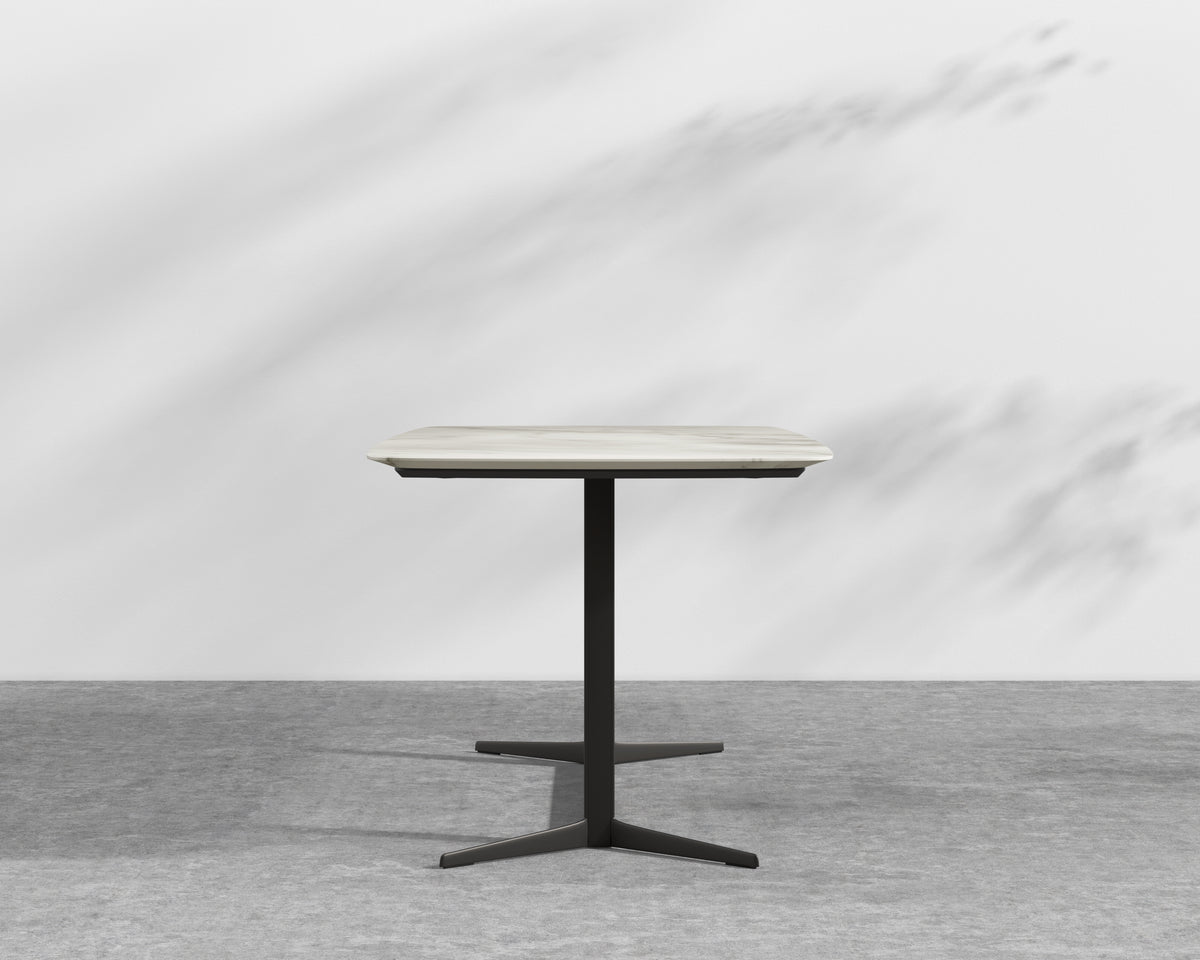 Elaine Dining Table - White Calacatta Ceramic with Tempered Glass, Black Base, 71"