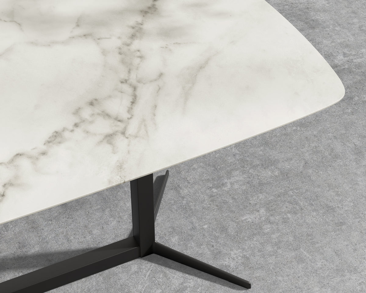 Elaine Dining Table - White Calacatta Ceramic with Tempered Glass, Black Base, 95"