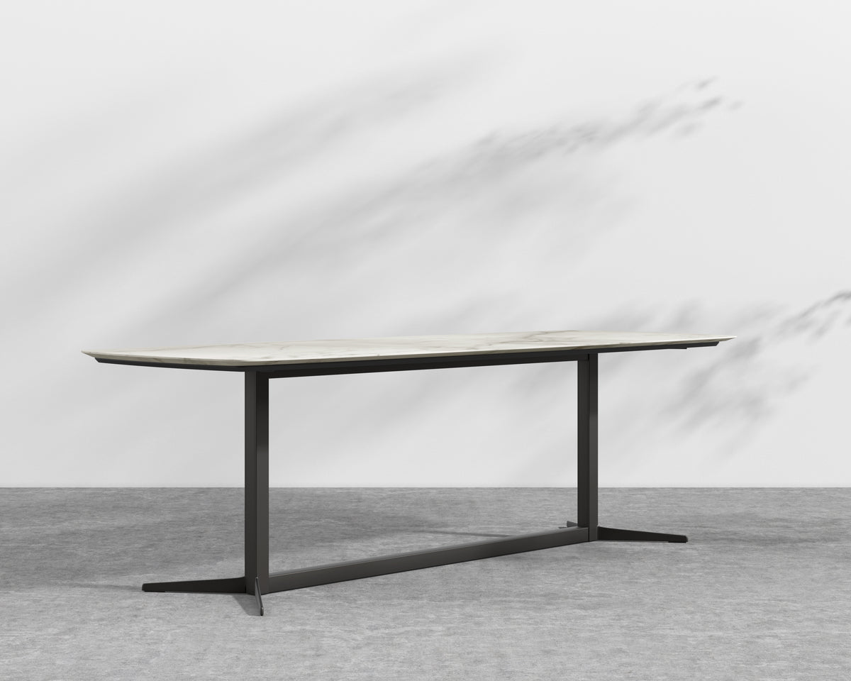 Elaine Dining Table - White Calacatta Ceramic with Tempered Glass, Black Base, 95"