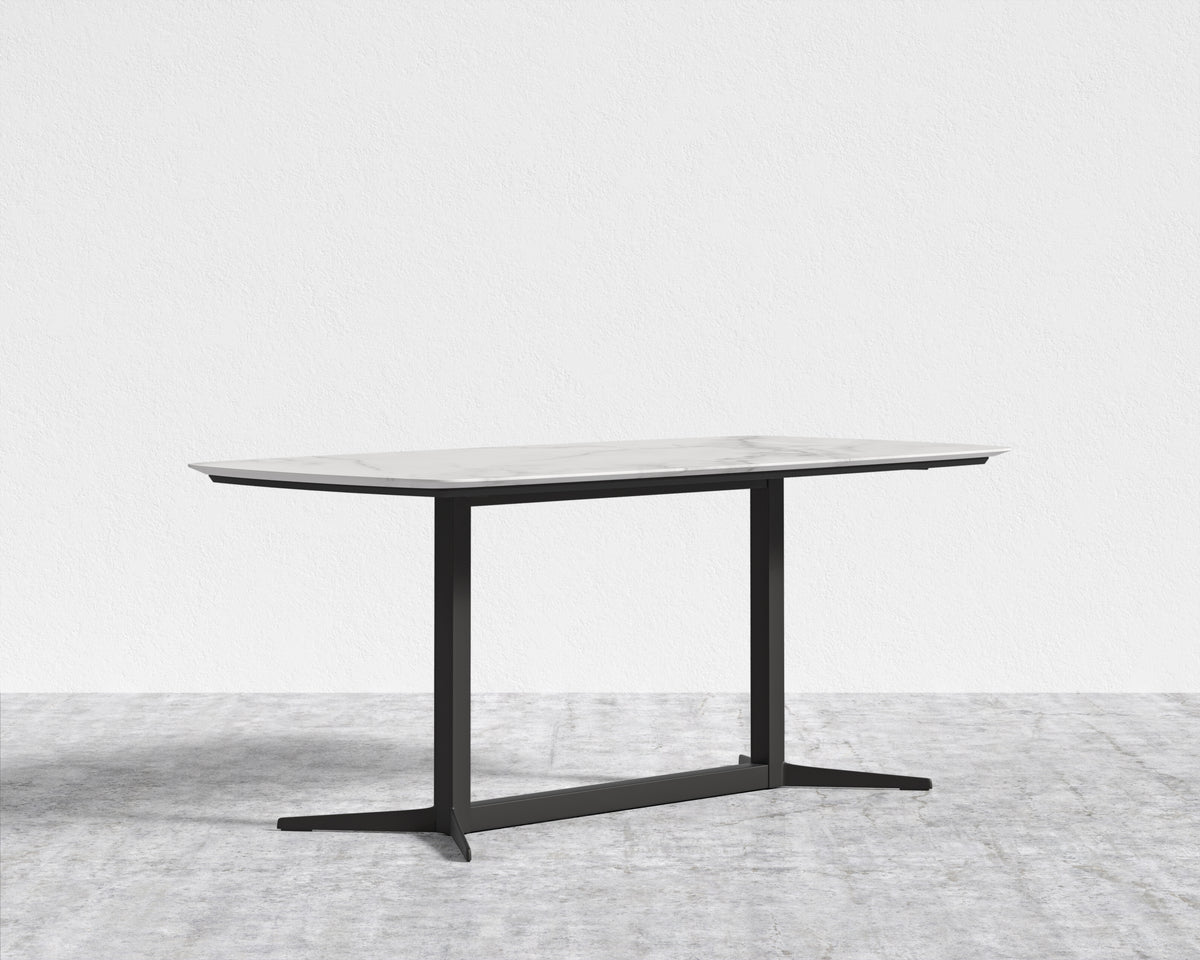 Elaine Dining Table - White Calacatta Ceramic with Tempered Glass, Black Base, 71"