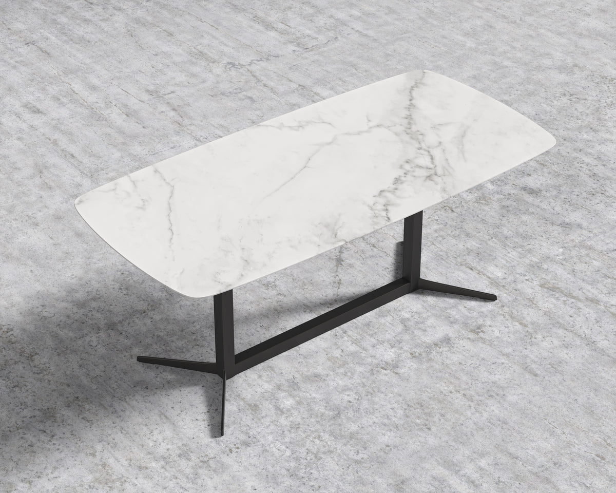 Elaine Dining Table - White Calacatta Ceramic with Tempered Glass, Black Base, 71"