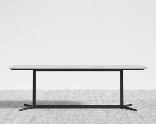Elaine Dining Table - White Calacatta Ceramic with Tempered Glass, Black Base, 95"