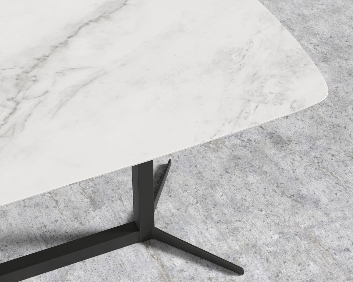 Elaine Dining Table - White Calacatta Ceramic with Tempered Glass, Black Base, 71"