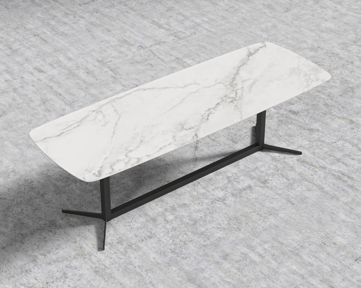 Elaine Dining Table - White Calacatta Ceramic with Tempered Glass, Black Base, 95"
