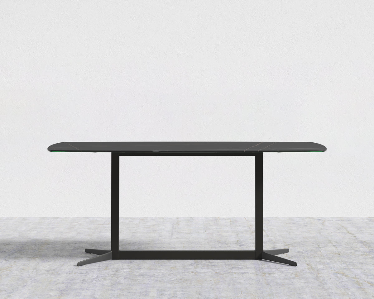 Elaine Dining Table - Black Pietra Ceramic with Tempered Glass Top, Black Base, 71in