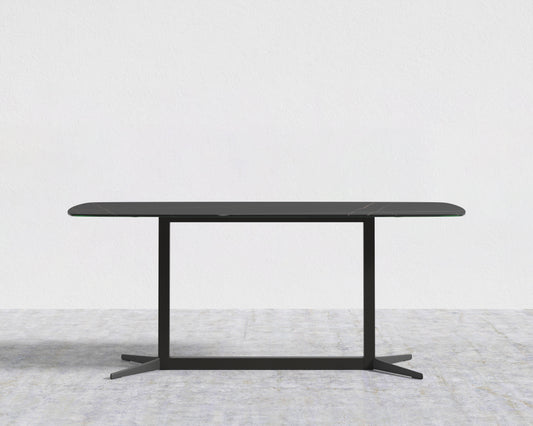 Elaine Dining Table - Black Pietra Ceramic with Tempered Glass Top, Black Base, 71in
