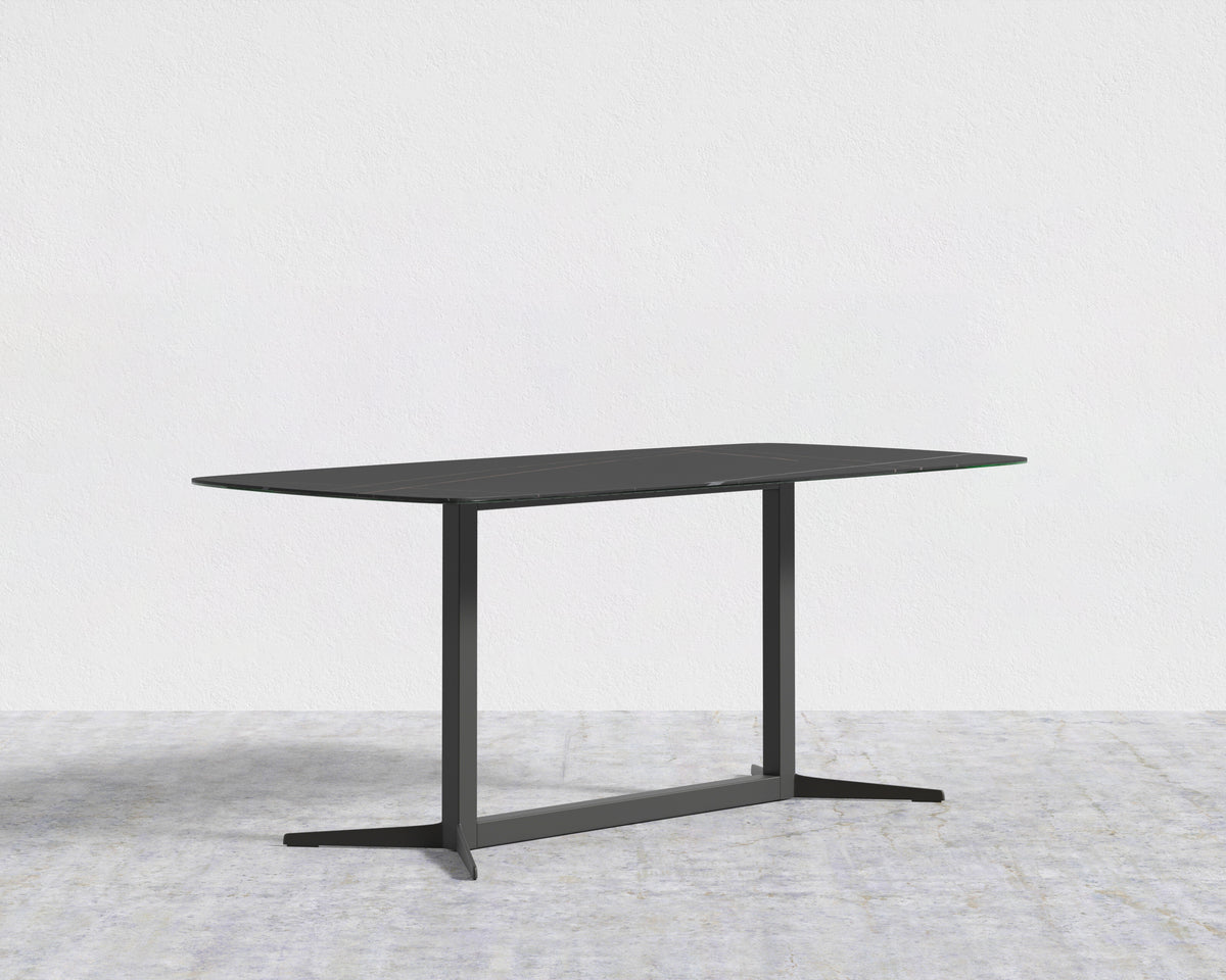Elaine Dining Table - Black Pietra Ceramic with Tempered Glass Top, Black Base, 71in