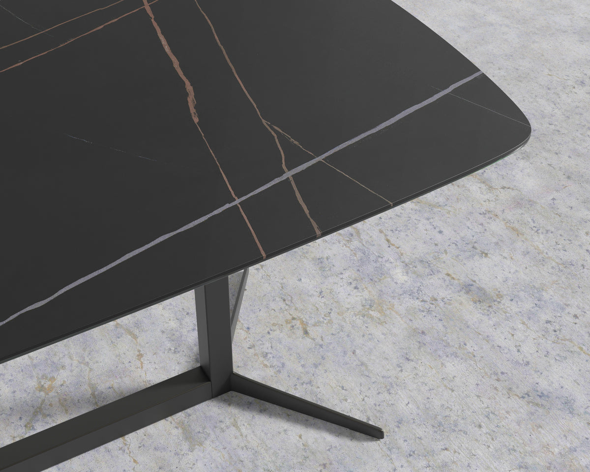 Elaine Dining Table - Black Pietra Ceramic with Tempered Glass, Black Base, 95"