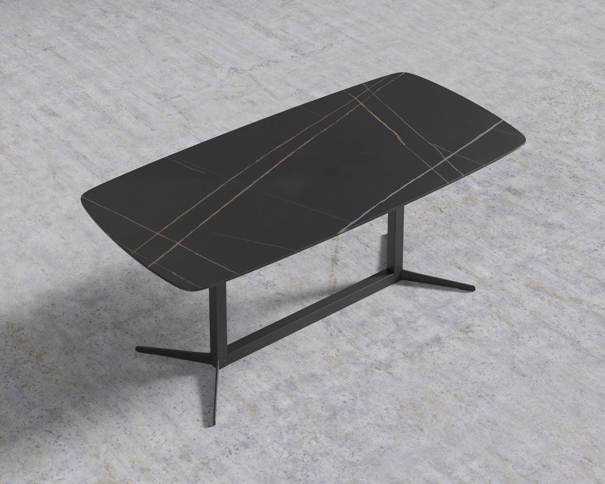 Elaine Dining Table - Black Pietra Ceramic with Tempered Glass, Black Base, 95"