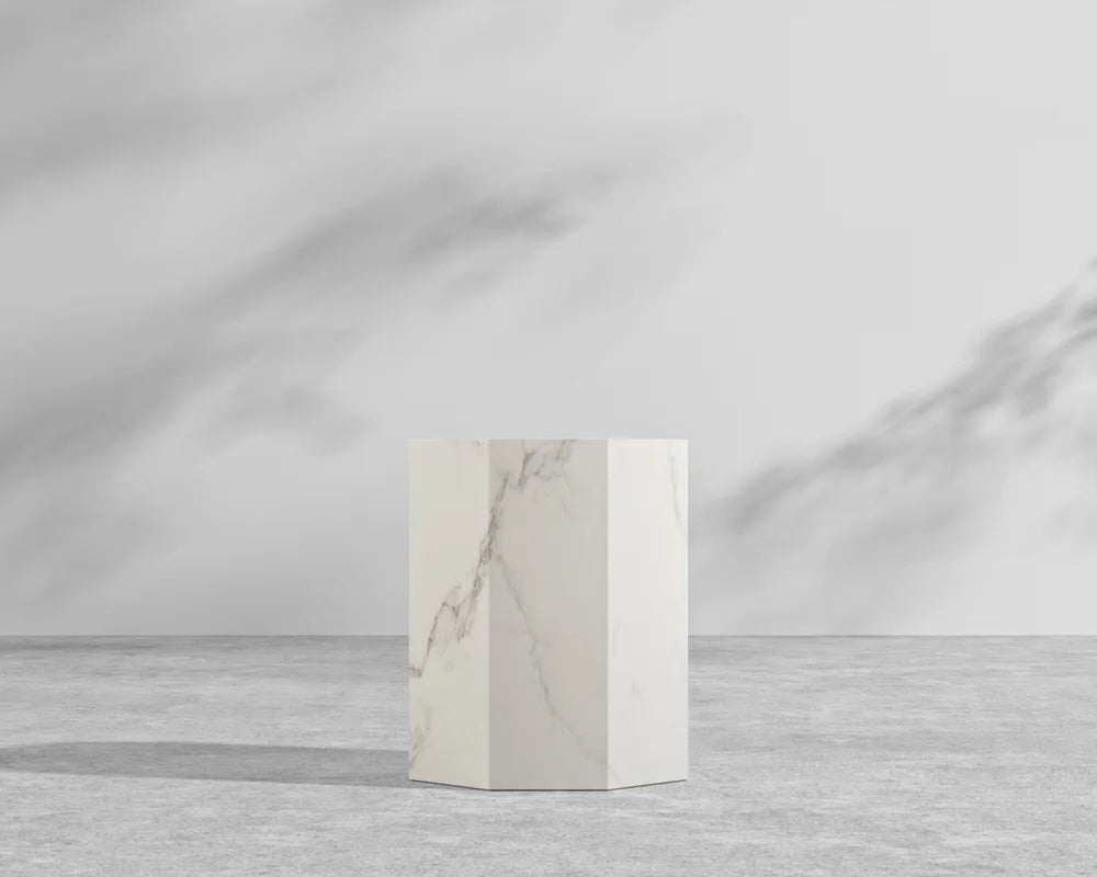 Leia Side Table - White Calacatta Ceramic, 15" x 15"