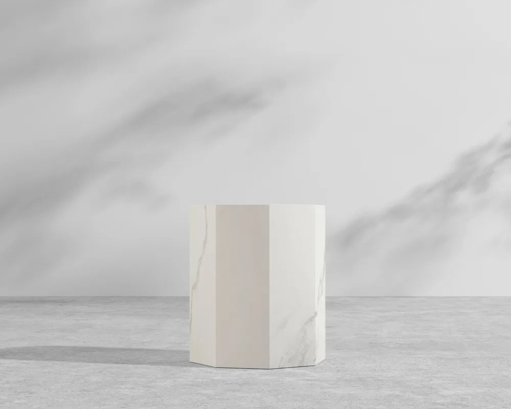 Leia Side Table - White Calacatta Ceramic, 15" x 15"