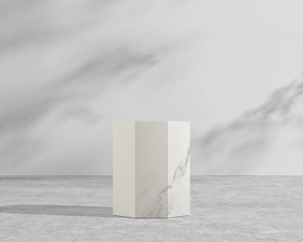 Leia Side Table - White Calacatta Ceramic, 15" x 15"