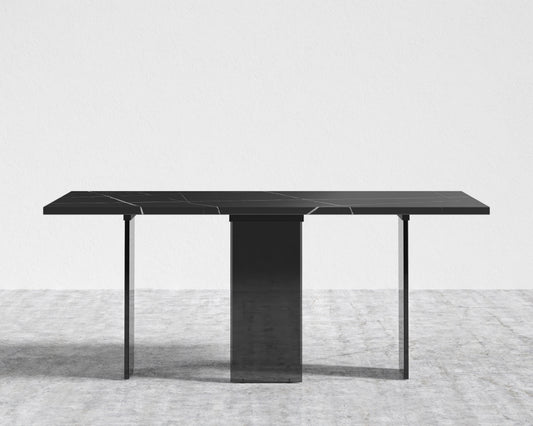 Marbella Dining Table - Black Pietra Ceramic, Smoked Grey Plexiglass Base