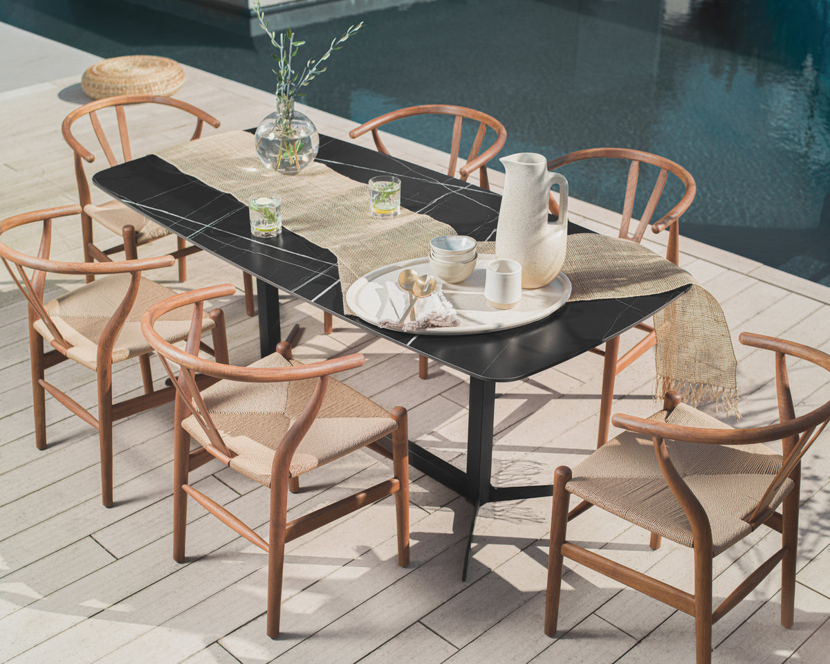 Elaine Dining Table - Black Pietra Ceramic with Tempered Glass, Black Base, 95"