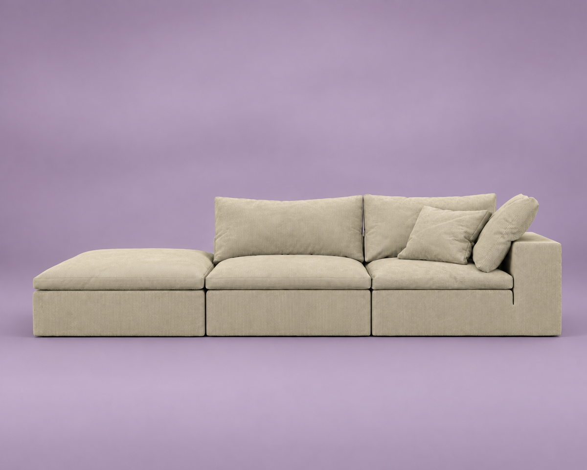 R4 Custom Three-Seater Open-Left - Performance Corduroy: Lunar Dune