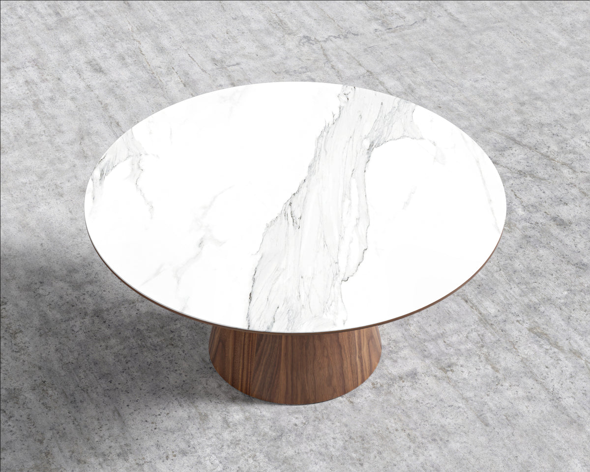 Winston Dining Table - White Calacatta Ceramic, Walnut Veneer, 63" | 160cm