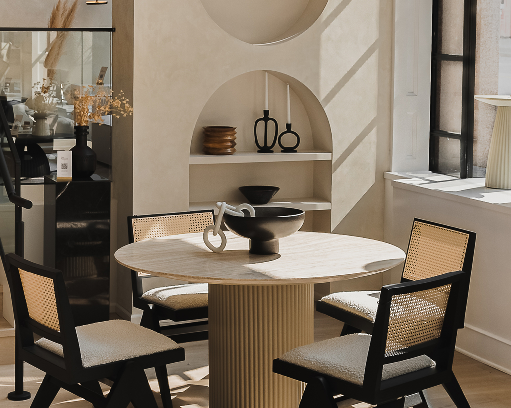 Athena Round Dining Table - Travertine Ceramic Top, Alabaster Matte Lacquer Base, 48in | 122cm