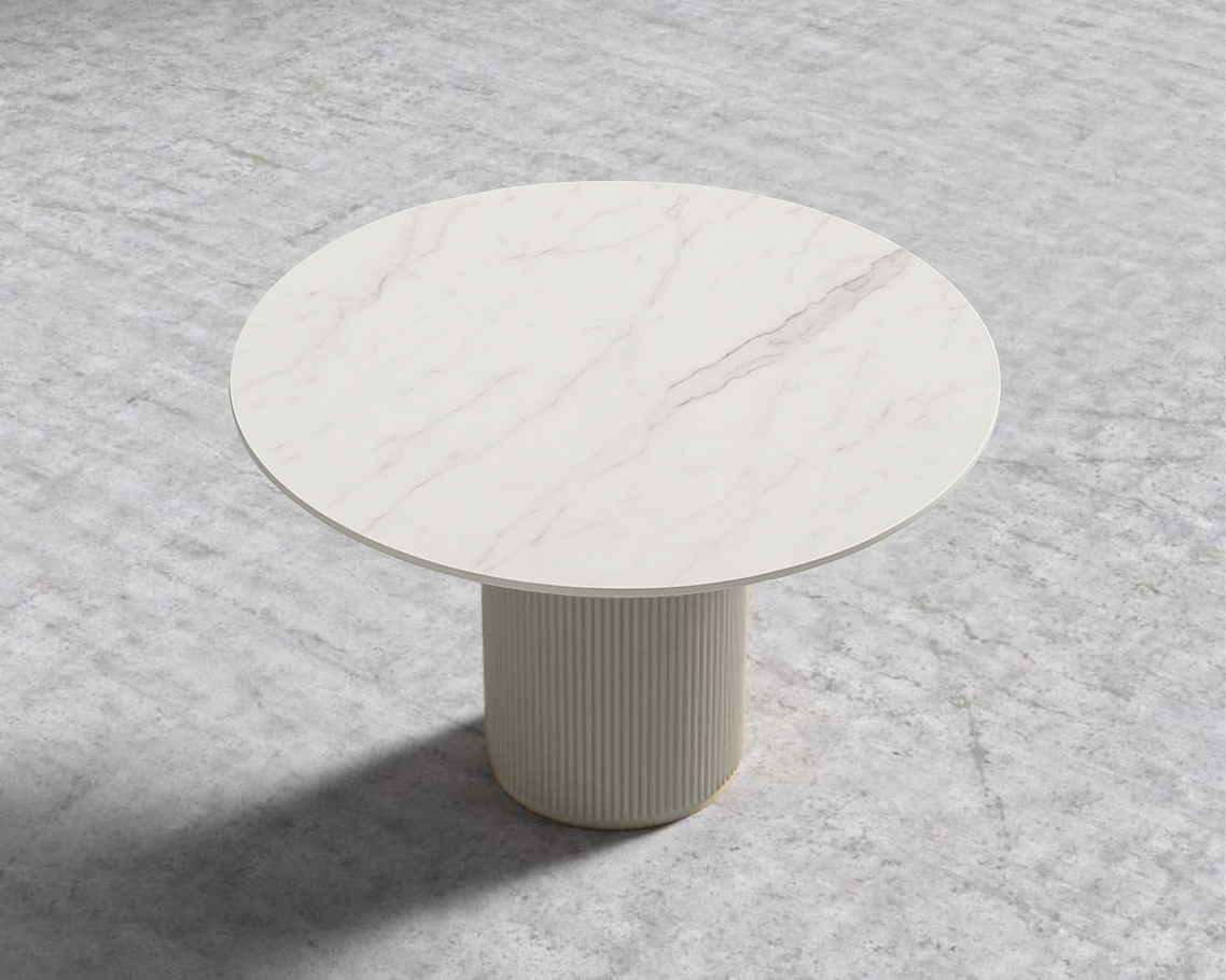 Athena Round Dining Table - White Calacatta Ceramic, Alabaster Matte Lacquer Base, 48"